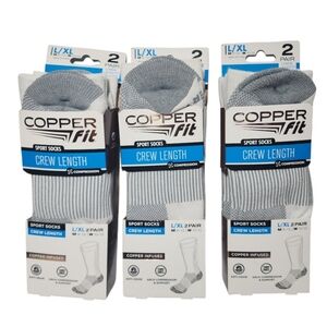 3 Packs Copper Fit 6 PAIR Crew Socks Infused Compression Size L/XL White Grey